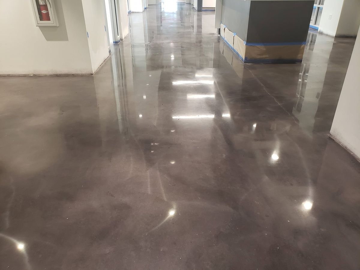 Tall windows lighting a polished concrete floor in an empty room
